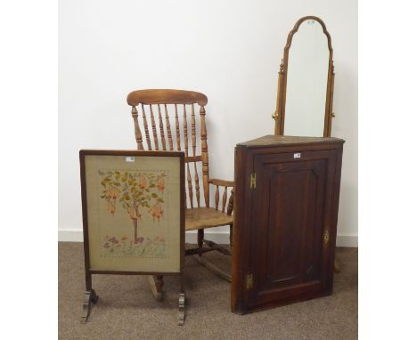 19th century elm and beech spindle back rocking armchair, early 20th century oak framed needlework firescreen, 18th century o