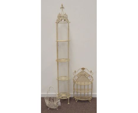 White painted metal work four tier plant stand (H200cm), similar three tier shelf and a basket