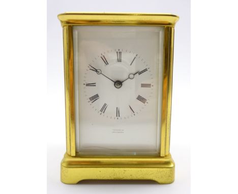 20th century brass and bevelled glass glazed carriage clock time-piece, white enamel Roman dial signed 'S. Chaddwick, Leaming
