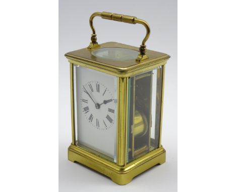 Early 20th century striking carriage clock, brass and bevelled glass case, white enamel Roman dial, twin train 8-day movement