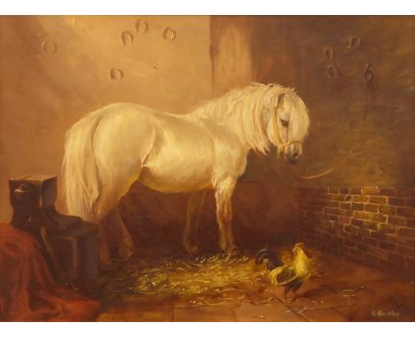 R Buckley (19th Century English School)  Stable interior with a pony and cockerel, oil on panel, signed 29 x 40cms