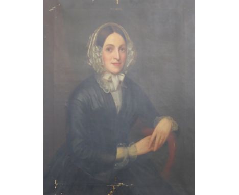 Mid 19th Century three-quarter length oil portrait on canvas of a young lady, circa 1850 unframed 90 x 70cms