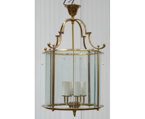 Gilt metal four branch entrance hallway lantern, cylindrical form with eight bevelled glass panels, H66cm Condition Report & 