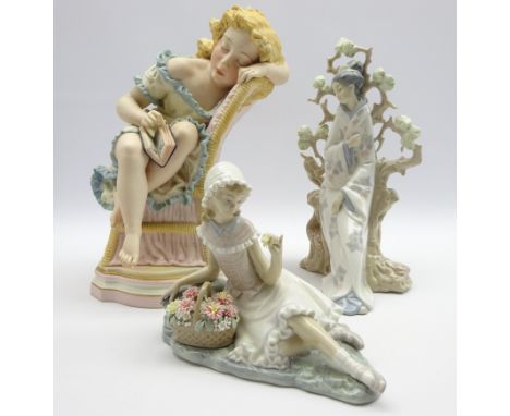 Lladro 'Geisha' model no. 4807 H31cm, another modelled as a girl laid with a basket of flowers and a large Parian ware model 