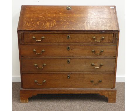 Georgian oak bureau, sloped fall front enclosing fitted interior, four long graduating drawers, on bracket feet, W104cm, H106
