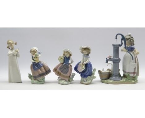 Five Lladro figures comprising 'Summer on the Farm' no. 5285, three girls with flower baskets and another (5) Condition Repor