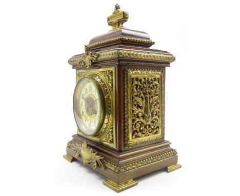 Late 19th century French walnut bracket clock, bell top and rectangular form with classical gilt metal finial, circular ename