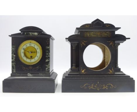 Victorian black slate and marble mantel clock, single train driven movement (H32cm), and a Victorian black slate mantel clock