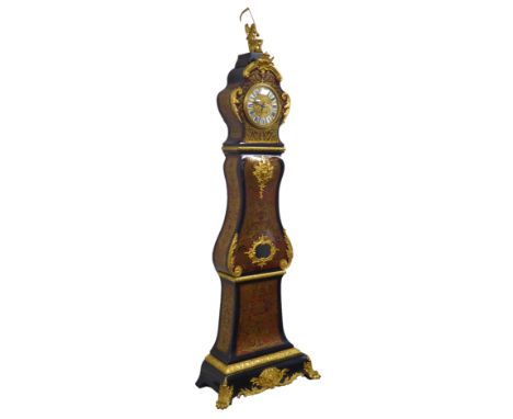 French Boulle style longcase clock, cartouche shaped top with Cronus sat on globular finial, circular gilt dial decorated wit