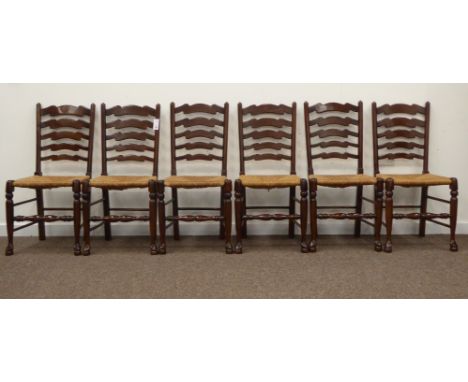 Set six late 20th century oak country style ladder back dining chairs with rush seats Condition Report & Further Details Clic