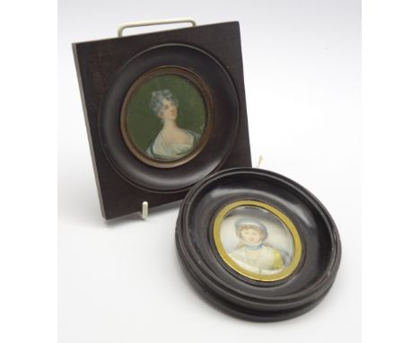 Half length miniature portrait of a lady, circular, bears signature Plimer, another of a lady in bonnet, oval, labelled verso