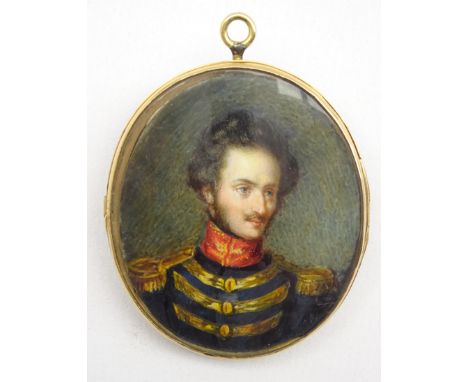 French School, double-sided miniature oval portrait of an officer and his wife in a lace-trimmed mauve dress; plain oval doub