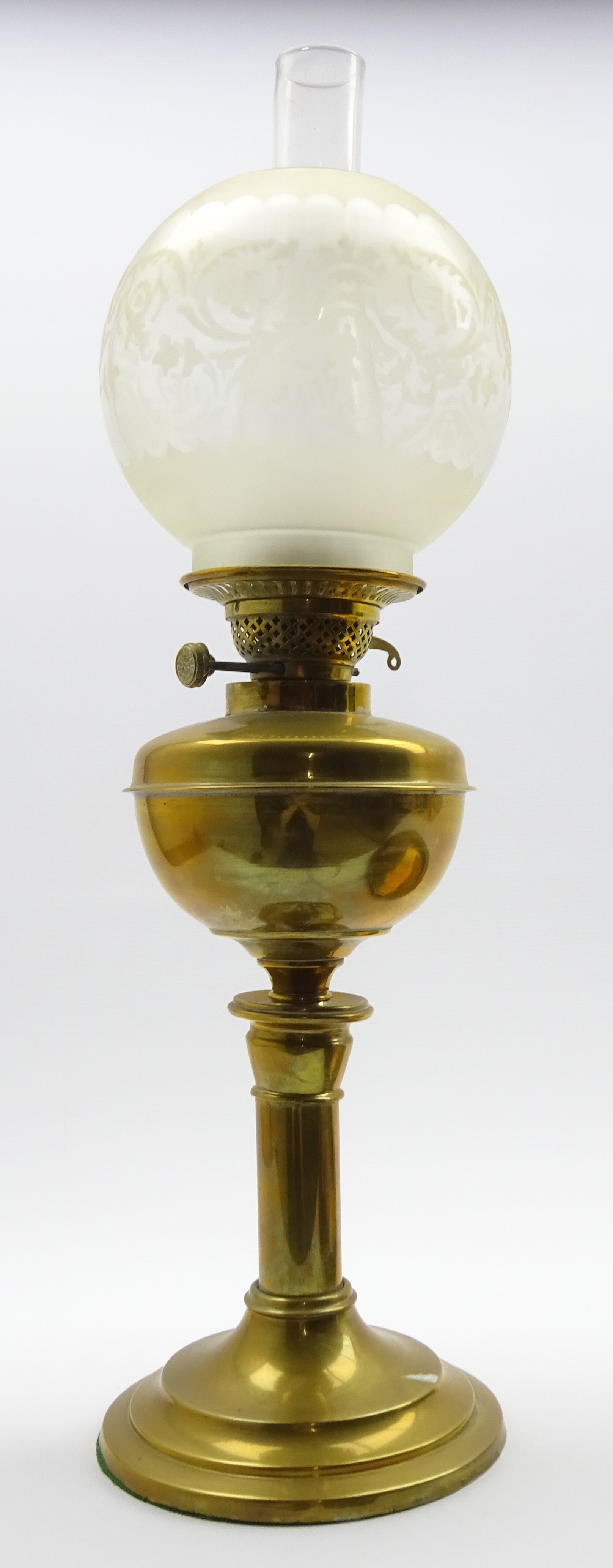 Brass table oil lamp with circular foot and etched glass shade H64cms ...