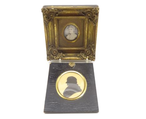 Early 19th century miniature half length portrait of Catherine Hicks, oval watercolour on ivory, inscribed verso in giltwood 