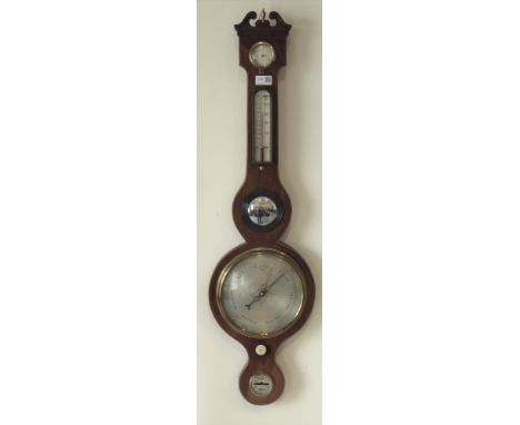 19th century mahogany four dial wheel barometer, swan neck pediment with turned finial, H97cm Condition Report & Further Deta
