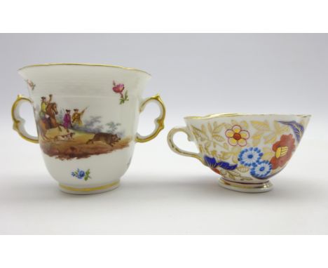 Berlin porcelain chocolate cup hand painted with hunting scene and quatrefoil shaped cabinet cup decorated in the Imari patte