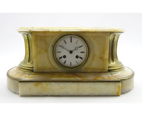 Early 20th century French onyx mantle clock, white enamel Roman dial, twin train movement stamped 'Pert Bally Brevete a Paris