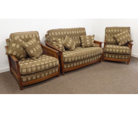 Ercol elm 'Bergere' three piece lounge suite - two seat sofa (W140cm), pair matching armchair (W88cm), upholstered in geometr