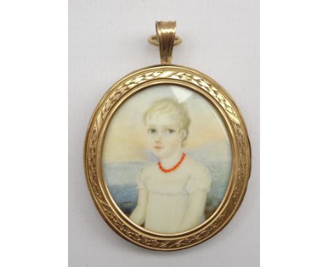 Miniature oval portrait of a child in a white dress and coral necklace; gilded frame 5 x 4cms Condition Report & Further Deta