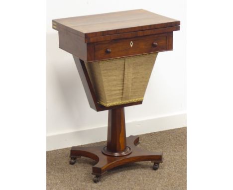 Regency rosewood games table, rectangular swivel fold over top with rosewood banding, interior with inlaid backgammon, chess 