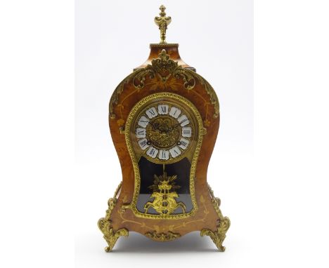 French style inlaid walnut burr cartouche shaped mantel clock, gilt metal finial above leaf and shell mounts, shaped glazed d