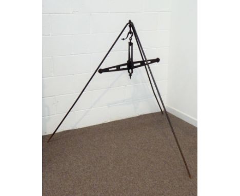 18th/19th century wrought metal agricultural beam scales, folding tripod stand, H144cm