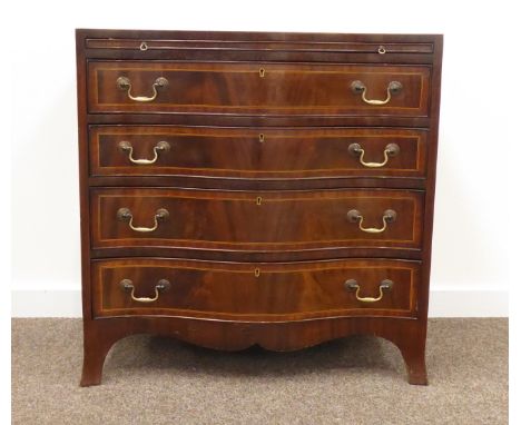 George III style mahogany serpentine bachelors chest, brushing slide above four drawers, shaped apron with splayed bracket fe