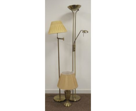 Adjustable burnished brass finish standard lamp, tall uplighter standard lamp with adjustable reading light and a vase shaped