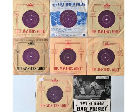 ELVIS PRESLEY - UK 'PURPLE &amp; GOLD TEXT HMV' 7" COLLECTION PLUS EP. Comprehensive collection of 8 x 7" releases from Elvis