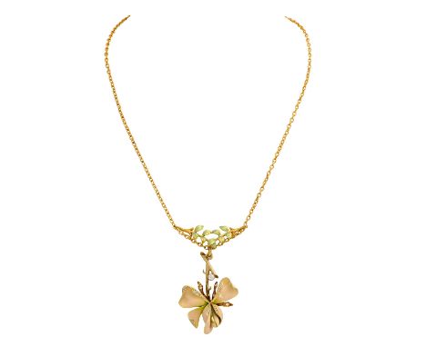   Collier mit Orchideenanhänger,   bes. mit Diamanten zus. ca. 0,15 ct, gute Farbe u. Reinheit, Grüngold/Rotgold/Gelbgold, Ke
