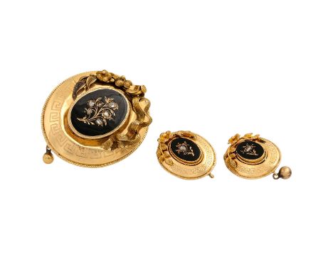   Antike Demiparure aus Brosche und Ohrringen mit Diamantrosen   und schwarzem Email, GG 14K, 16 g, 4,5x3,5 cm und 3x1,8 cm, 