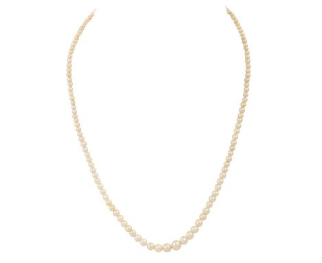   Perlenkette aus Orientperlen im Verlauf,   von ca. 2,5-5,5mm, Art Deco Schließe GG14 K mit Diamantrosen u. Altschliff- Diam