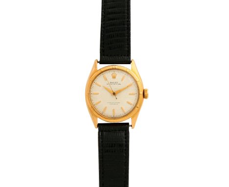   ROLEX Vintage Oyster Perpetual "Bubble Back", Ref. 6085. Armbanduhr.   Gold 18K. Automatic-Werk, Kaliber 645. Lederband mit