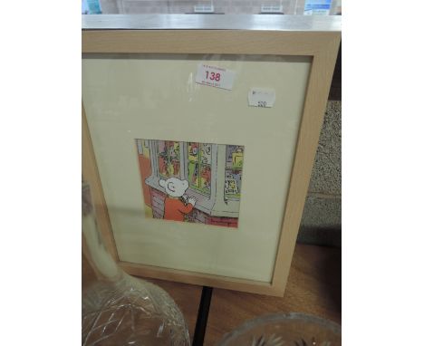 A framed print, Rupert the Bear, looking in that window, over there 