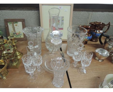 A selection of cut glass, plain decanter etc