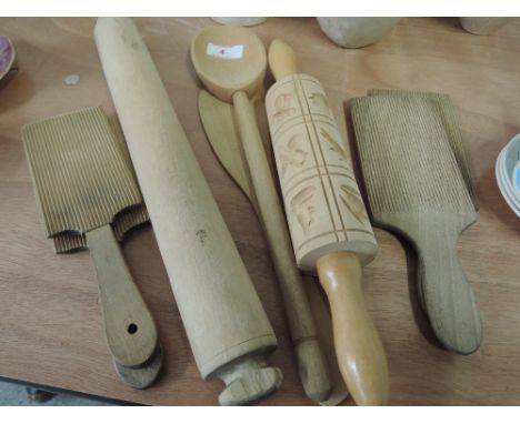 Two sets of butter pats, rolling pin, etc