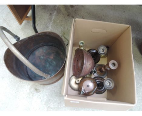 A selection of Copper and brass ware including coal helmet and candlesticks etc