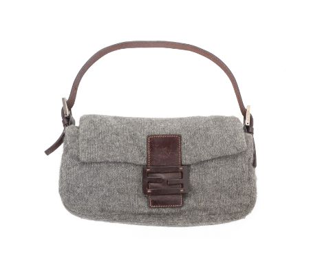 A FENDI GREY CASHMERE HANDBAG
Brown leather strap with flap top, snap lock closure, with brand dust bag

Fair condition, item