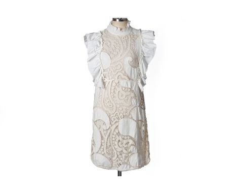 A SEE BY CHLOE LACE RUFFLE SHEATH DRESS IN NATURAL WHITE
With a ruffled trim and all over cut out lace design, with button fa