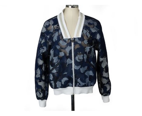 A CHANEL LADIES NAVY MESH BOMBER JACKET
With a blue and white camouflage base and with navy netting over the top, the collar 