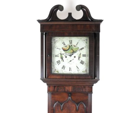 A George III mahogany chequer strung and rosewood crossbanded longcase clock, early 19th century, the broken scroll swan neck