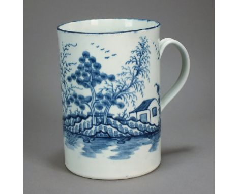 A Worcester cylindrical mug painted in blue with the Rock Strata Island pattern, circa 1770-80, crescent mark, 15cm highThe C
