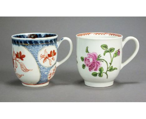 Two Caughley polychrome porcelain coffee cups, circa 1785-90, one with underglaze blue decoration and overpainted enamels, th