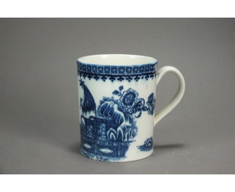 A small Caughley porcelain mug transfer-printed in the Fisherman or Pleasure Boat pattern below a cell diaper and spearhead b