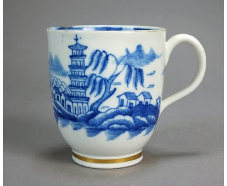 A Caughley porcelain coffee cup painted in the Tower pattern, circa 1790-95, with a gilt lined foot rim, the previously gilde