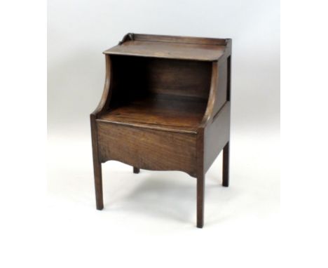 A George III mahogany night table, late 18th century, the rectangular top with hinged flap and lift top commode seat with cer