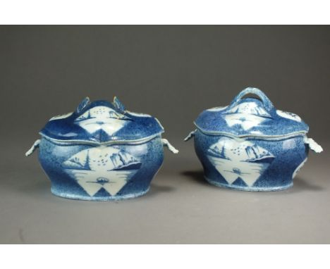 A pair of Caughley powder blue dessert tureens and covers painted in the Rock, House and Two Islands design, circa 1777-85, w