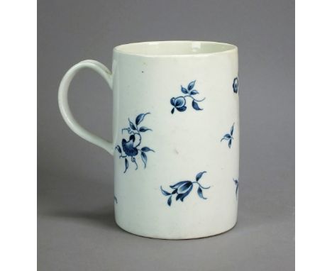 A Caughley porcelain cylindrical mug named to 'Mr. Rich'd Causon', circa 1780-85, painted in blue with fruit, open crescent m