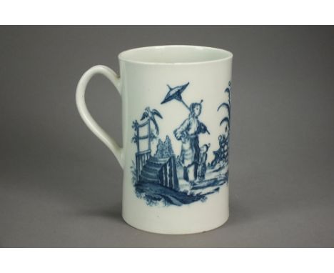 A Caughley porcelain cylindrical mug transfer-printed in underglaze blue with the La Peche and La Promenade Chinois pattern. 