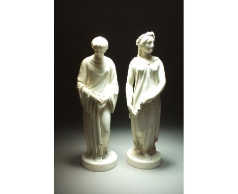 A pair of Royal Worcester Parian figures, L' Allegro and Il Penseroso, both standing bare foot, wearing white flowing robes, 